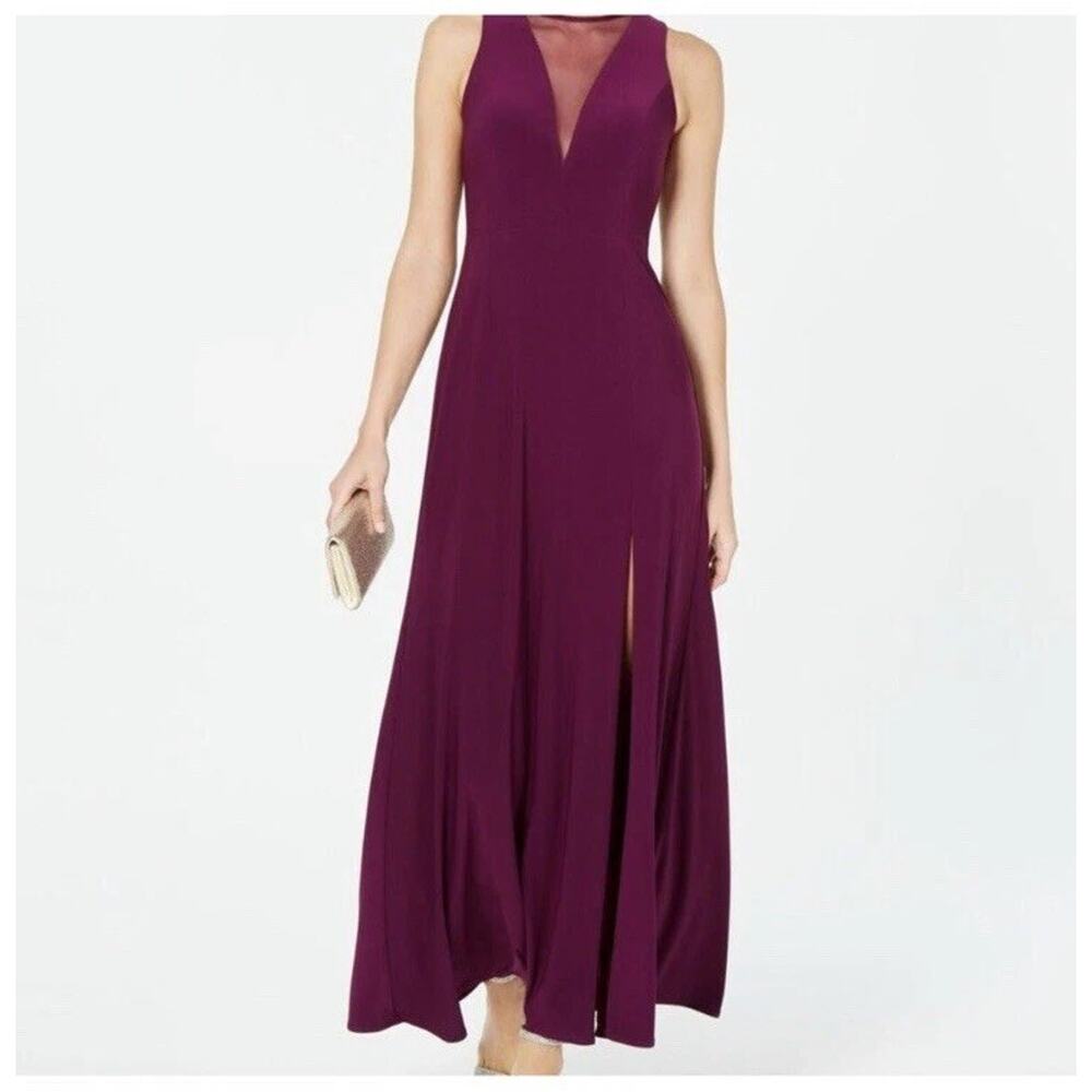 NW Night Way Formal Womens Dress Purple Long‎ Size 8 Deep V Mesh Neck